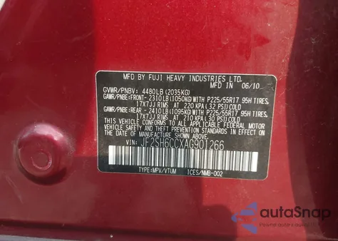 2010 Subaru Forester z USA, uszkodzony, nr VIN JF2SH6CBXAG901266